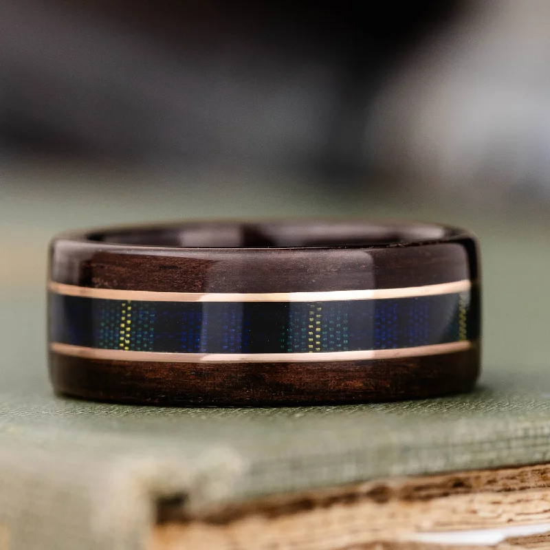 heirloom-style engagement rings -The Gordon Clan Tartan | Men's Rosewood Wedding Band with Tartan & Dual Metal Inlay