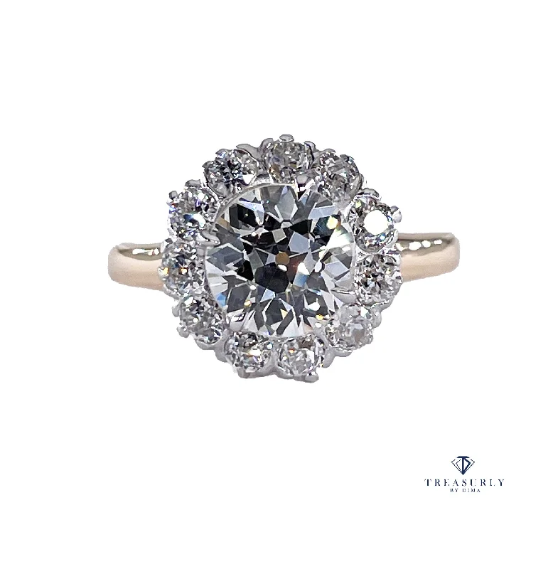 eternity engagement rings for women -1900s GIA 2.87ctw Antique Edwardian OLD EUROPEAN Diamond Cluster 14K Gold Platinum Ring