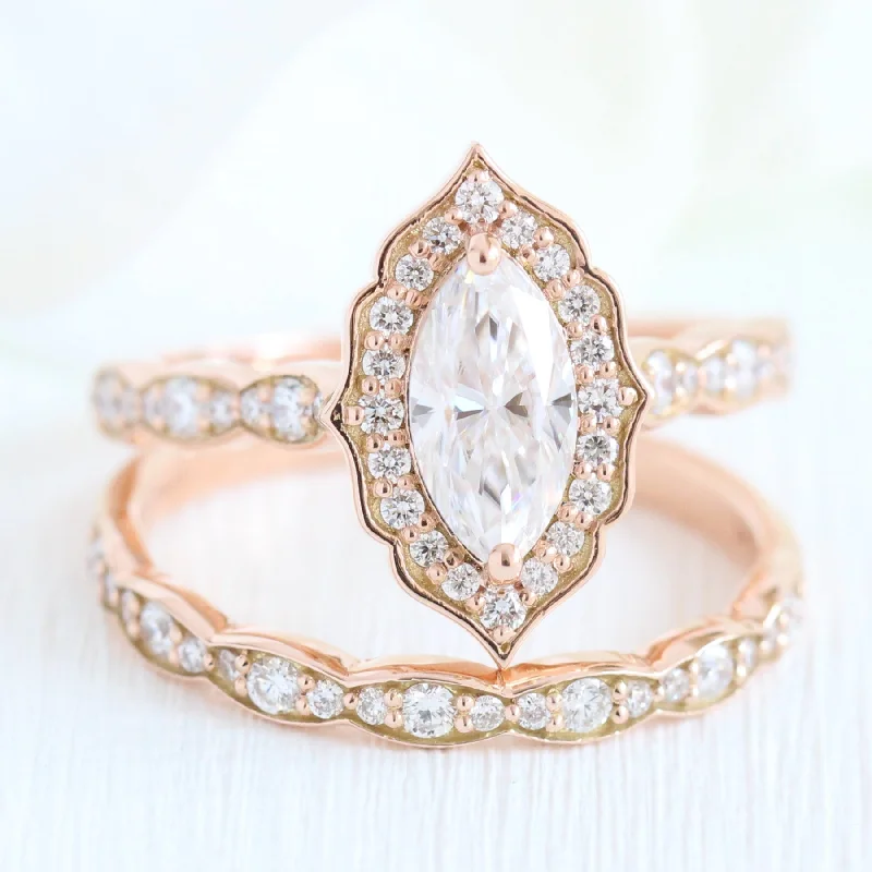 moissanite engagement rings for women -Vintage Floral Marquise Ring Set w/ Moissanite and Matching Diamond Band