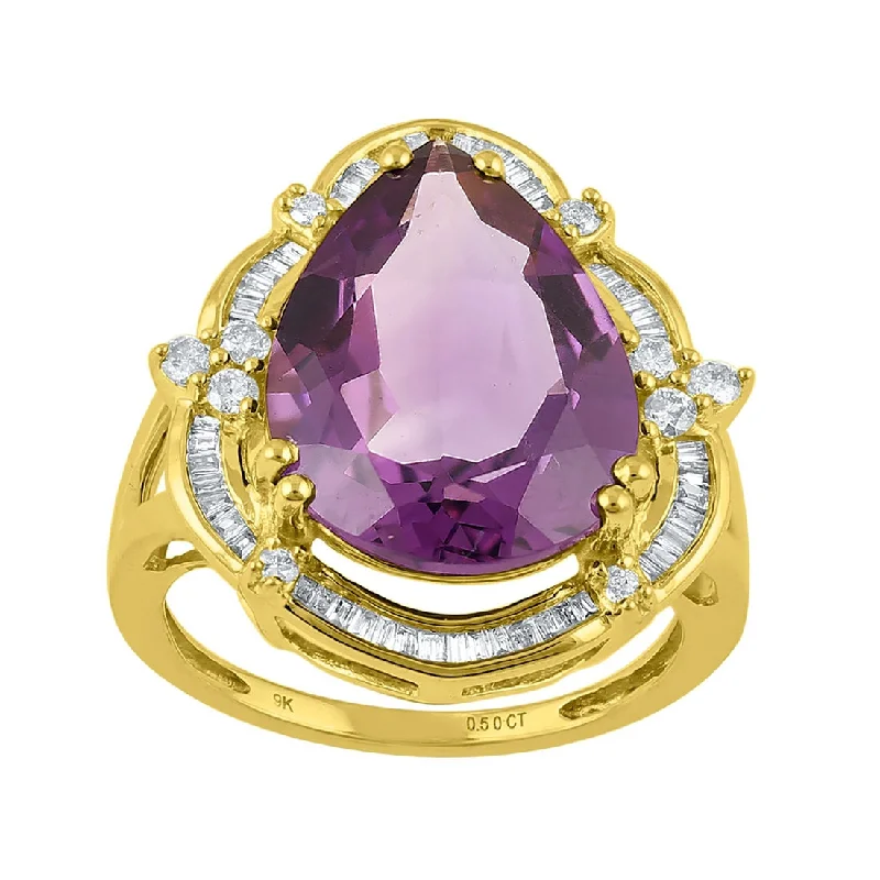 unique necklaces for women -9ct Yellow Gold Pear Amethyst Ring with 0.50ct of Diamonds