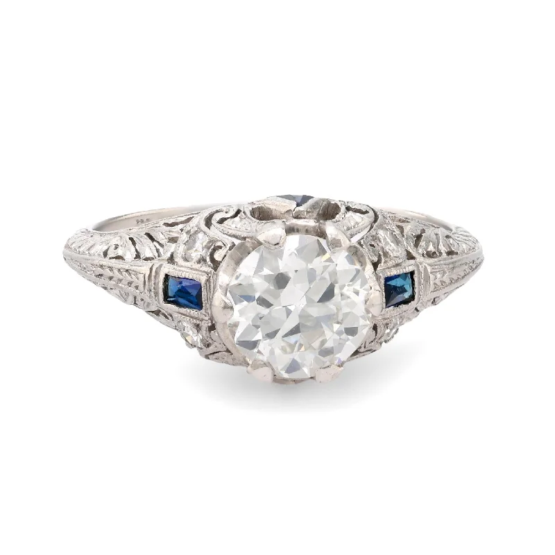 radiant diamond engagement rings -Art Deco EGL 1.04 carat diamond sapphire platinum ring