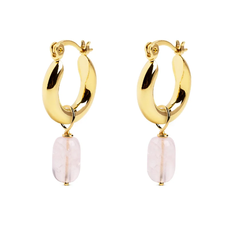 multi-layered earrings for women -Rose Quartz Charm Gold Hoop Earrings