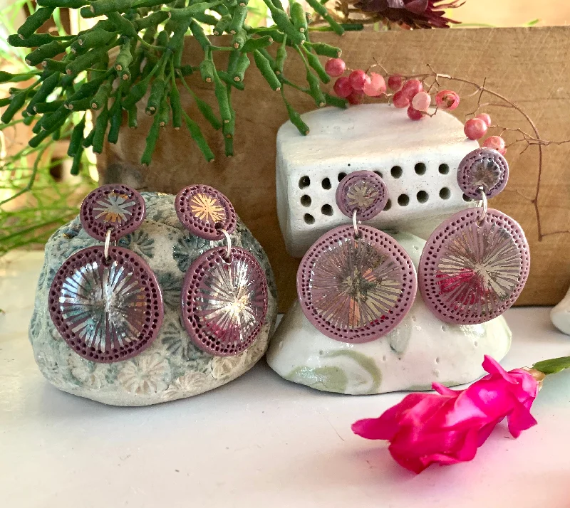 custom earrings for women -‘Double star’ purple Porcelain Earrings with Platinum Lustre Detail