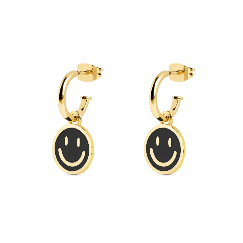 gold stud earrings for weddings -Smiley Black Enamel Gold Hoop Earrings