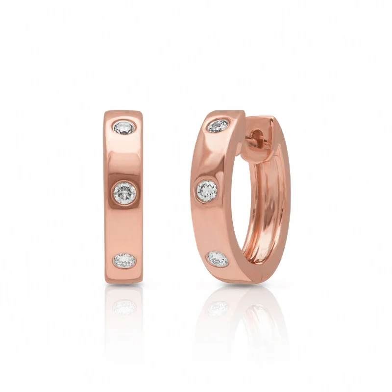 silver hoop earrings for weddings -14KT Rose Gold Diamond Sparkle Huggie Earrings