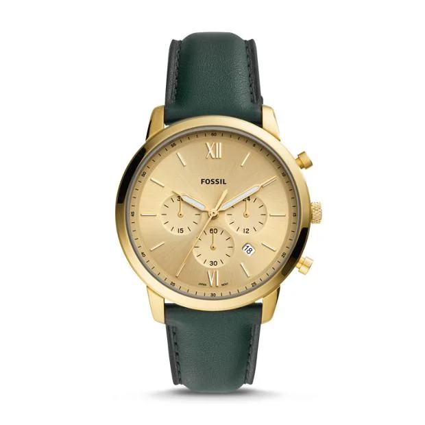 Fossil Neutra Chronograph Gold Dial Watch with Dark Green Leather Band FS5580