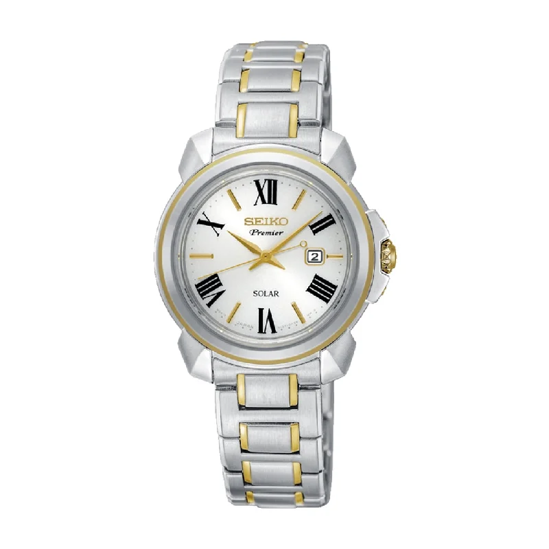 Seiko Ladies Premier Solar Two Tone Watch Model SUT346P