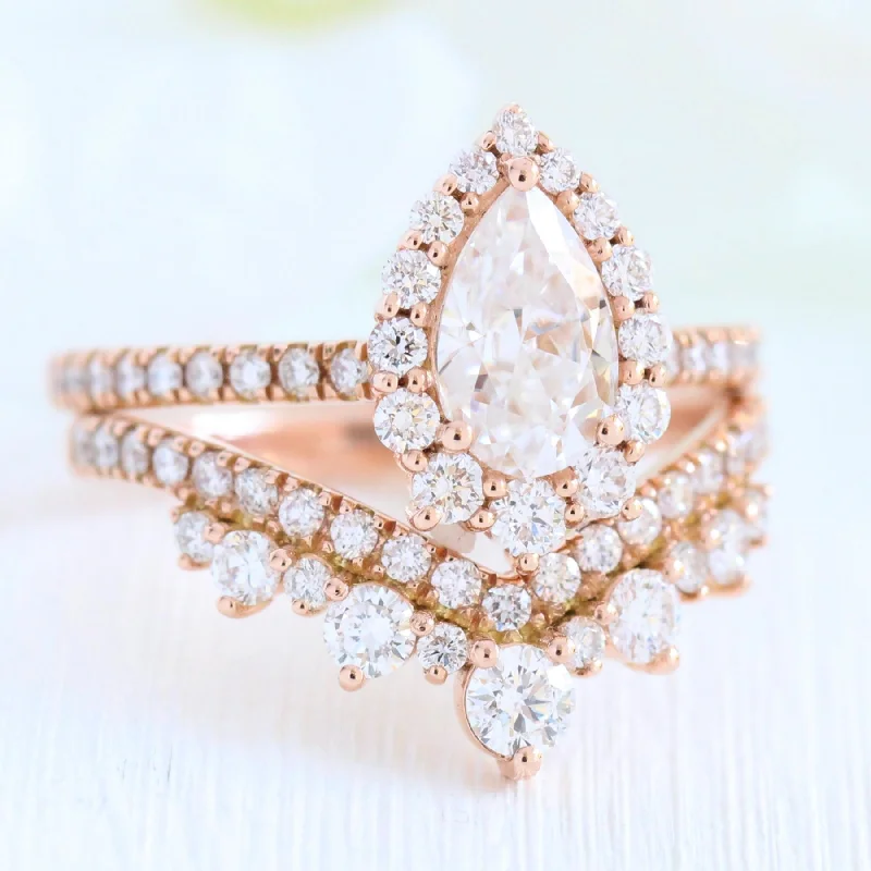 custom engagement rings for women -Tiara Halo Pave Ring Bridal Set w/ Pear Moissanite and Large Tiara Diamond Band