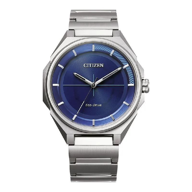 Ciiten EcoDrive Men's silver watch with blue dial BJ6531-86L