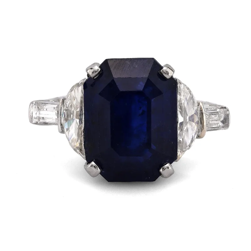 elegant vintage engagement rings -GIA 5.69 carat octagonal cut blue sapphire diamond platinum ring