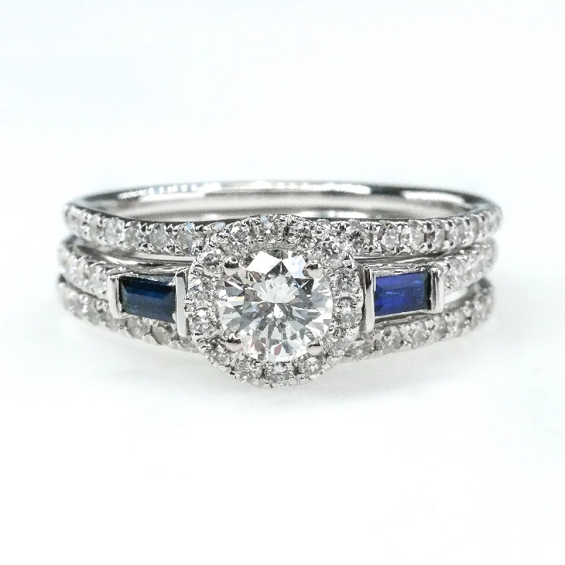 gemstone engagement rings for women -1.25ctwt Diamond w/Sapphire Engagement Double Band Bridal Set 14K White Gold