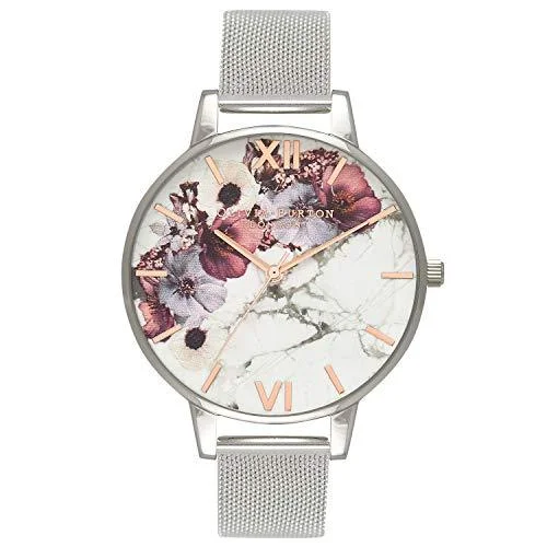 Olivia Burton Women's Watch Marble Florals Collection - Silver Case - Silver Mesh Strap - Silver