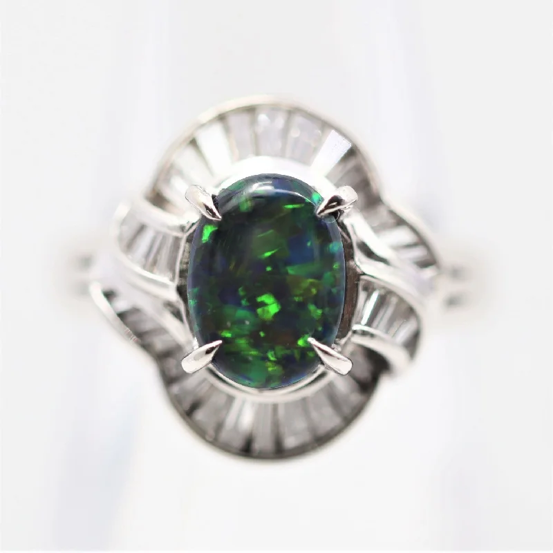 engagement rings with colored stones -Australian Black Opal Diamond Platinum Ring