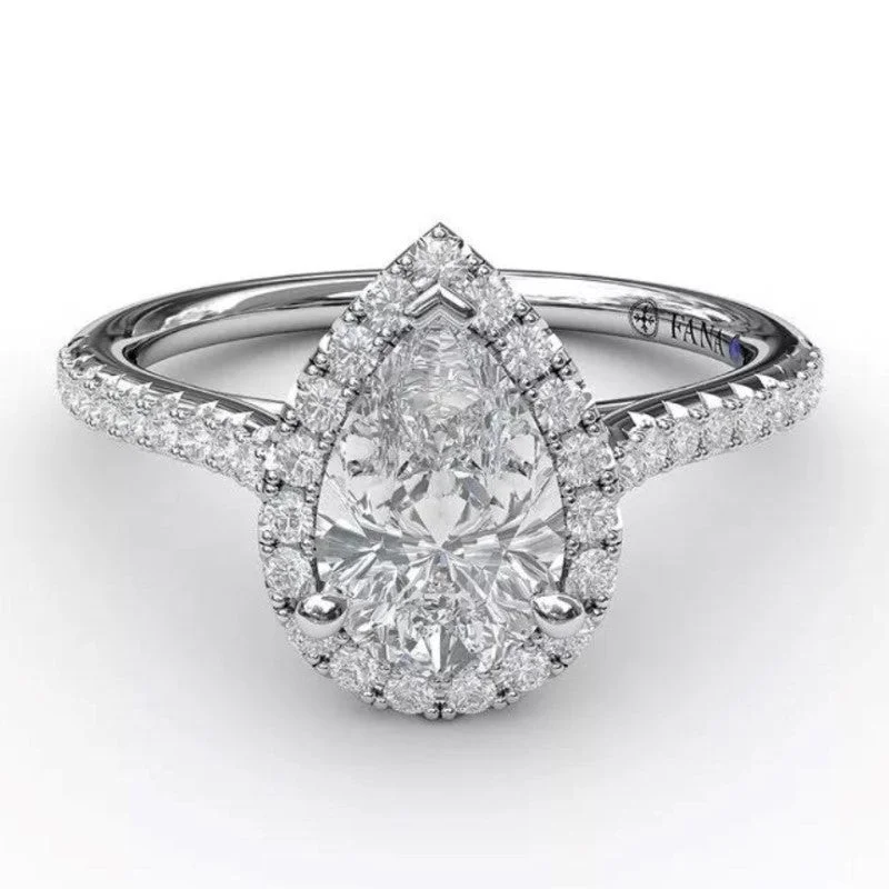 unique engagement rings for women -Delicate Pear Shaped Halo And Pavé Band Engagement Semi-Mount Ring