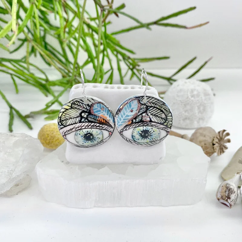 gemstone earrings for women -Hand Painted Eye Porcelain Earrings