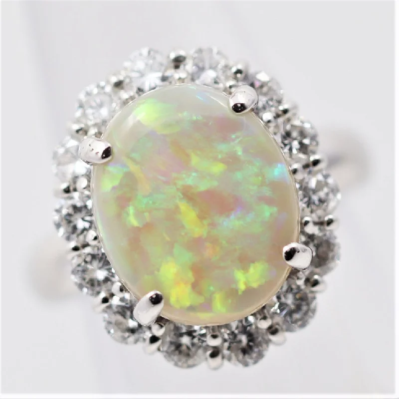 antique engagement rings for women -Australian Opal Diamond Halo Platinum Ring