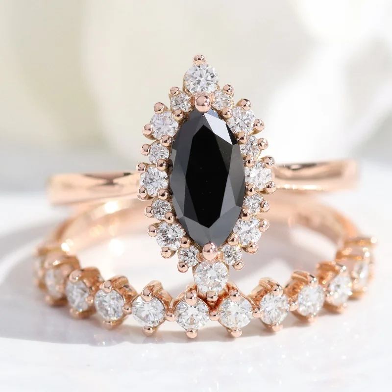 matching engagement and wedding rings -Tiara Halo Marquise Black Diamond Stack w/ 4 Prong Half Eternity Diamond Band