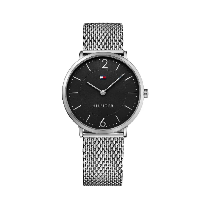 TOMMY HILFIGER BLACK FACE SILVER CASE MESH BAND