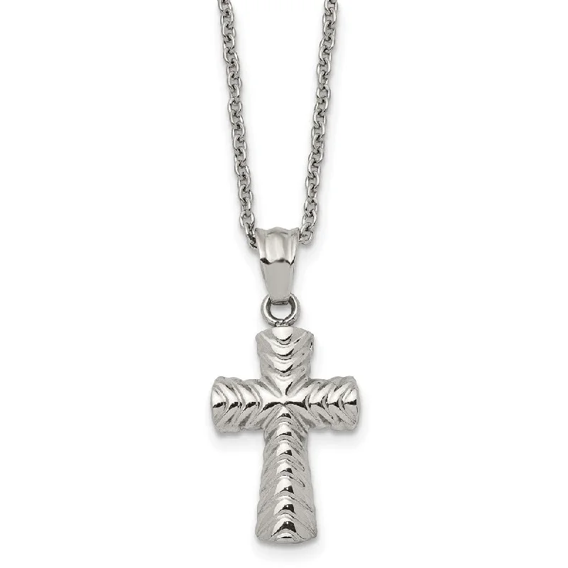 long necklaces for women -Stainless Steel Small Polished and Textured Cross Necklace, 22 Inch