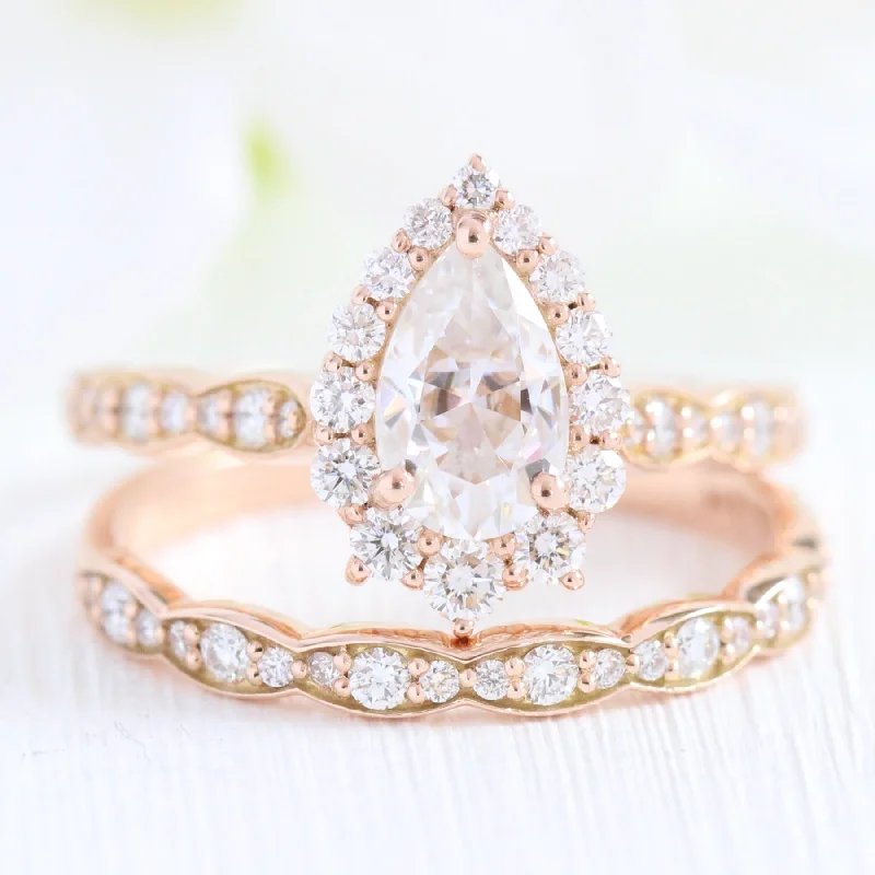 platinum diamond engagement rings for women -Tiara Halo Scalloped Ring Set w/ Pear Moissanite and Matching Diamond Band