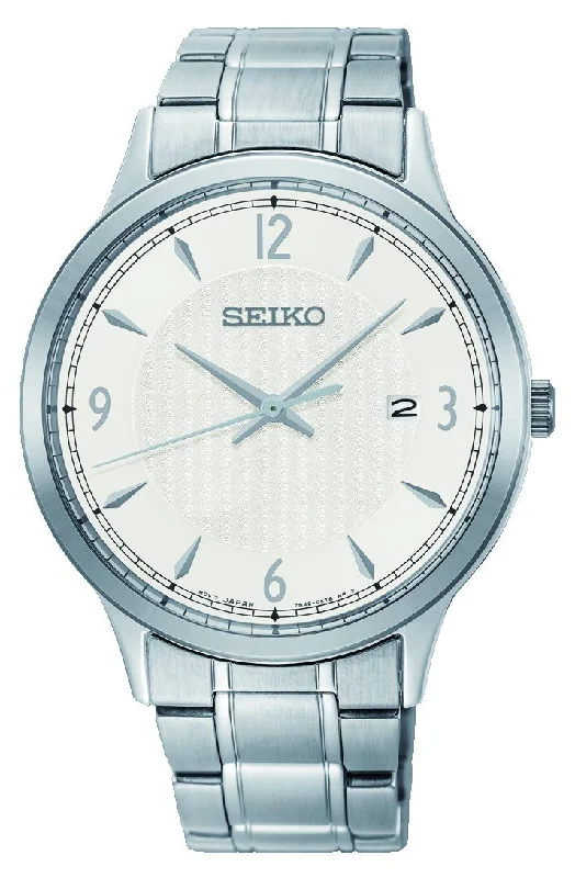 SEIKO GENTS DAYWEAR 100M WHITE FACE SILVER CASE BAND