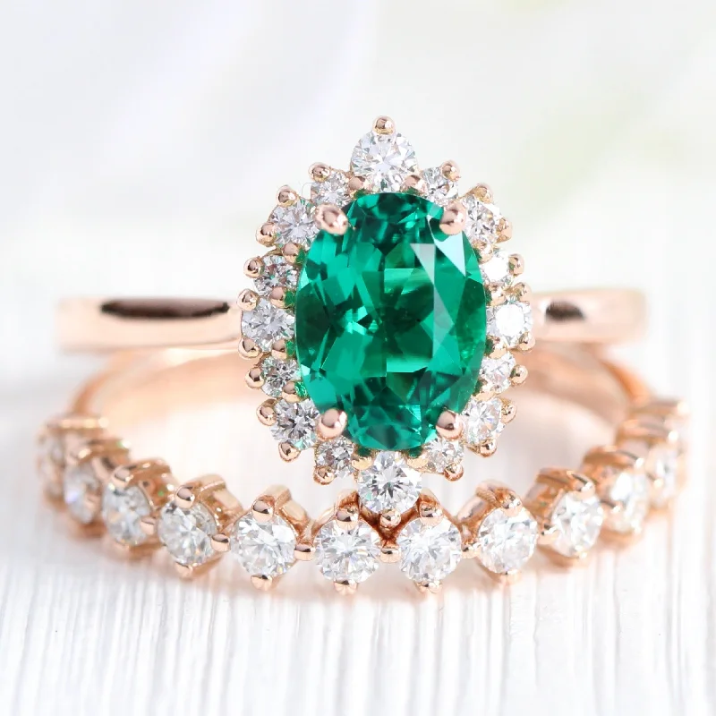 unique gemstone engagement rings -Tiara Halo Oval Ring Bridal Set w/ Emerald and 4 Prong Diamond Band