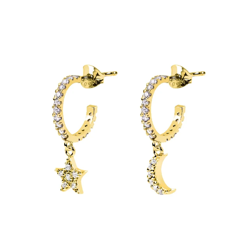 minimal gold earrings for women -Moon & Star Spark Gold Hoop Earrings