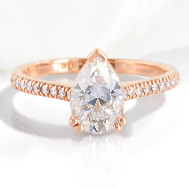 three-stone engagement rings for women -Pear Moissanite Solitaire Ring in 14k Rose Gold Pave Diamond Band, Size 6.25