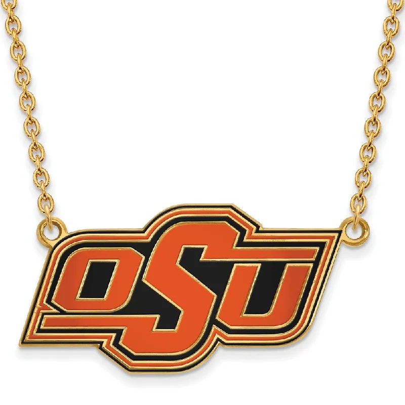 pendant necklaces for women -14k Gold Plated Silver Oklahoma State Lg OSU Enamel Necklace