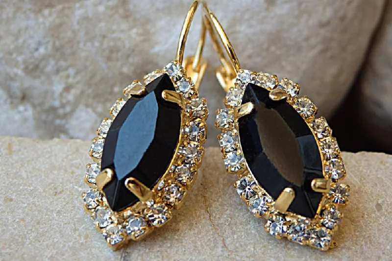 sparkling earrings for women -Clear Black Drop Earrings