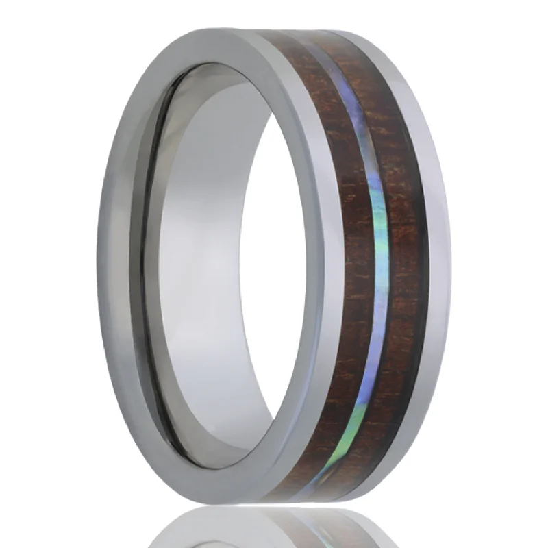 cushion cut engagement rings for women -Tungsten 8mm Pipe Cut Men's Wedding Band with Koa Wood & Abalone Inlays