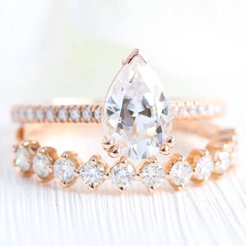 wedding ring and engagement ring sets -Grace Solitaire Pear Pave Ring Bridal Set w/ Moissanite and 4 Prong Diamond Band