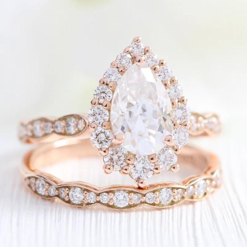 engagement rings with side stones -Large Tiara Halo Pear Ring Set w/ Moissanite and Scalloped Diamond Band