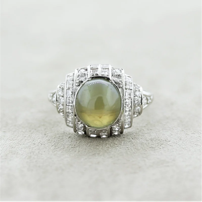 vintage-inspired engagement rings for women -Art Deco Cats Eye Chrysoberyl Diamond Platinum Ring