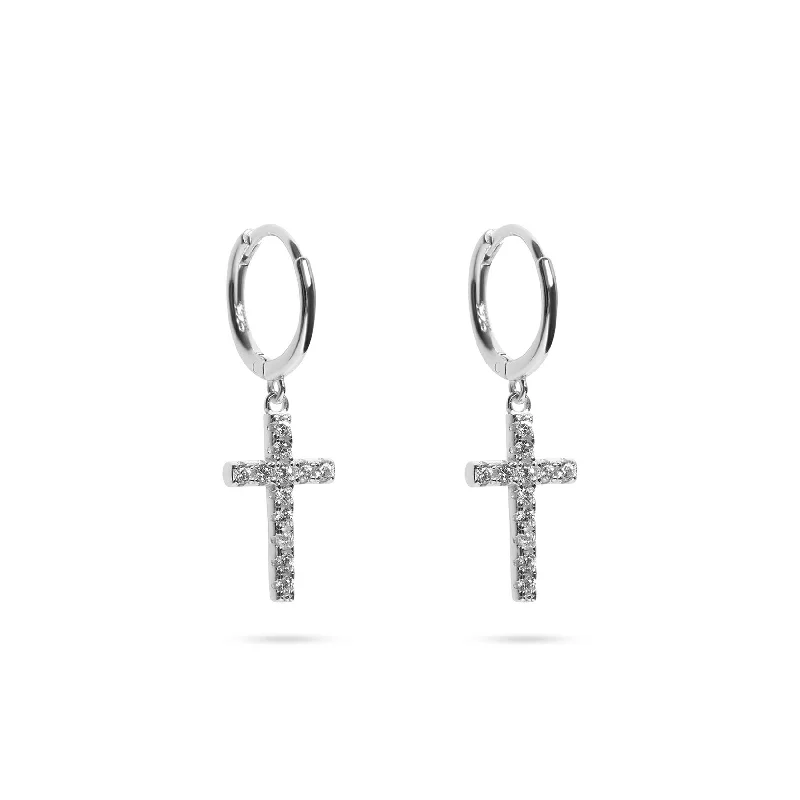 statement drop earrings for women -THE ICED OUT HUGGIE CROSS EARRINGS