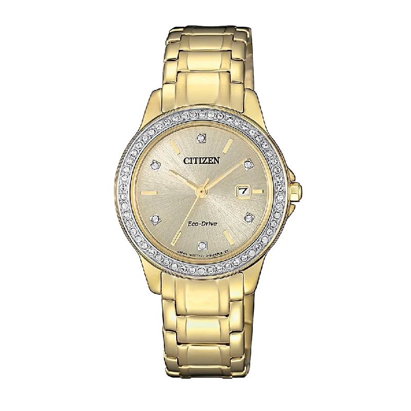 Citizen Eco Drive Ladies Swarovski Crystal Set Gold Face Case Model FE1172-55P