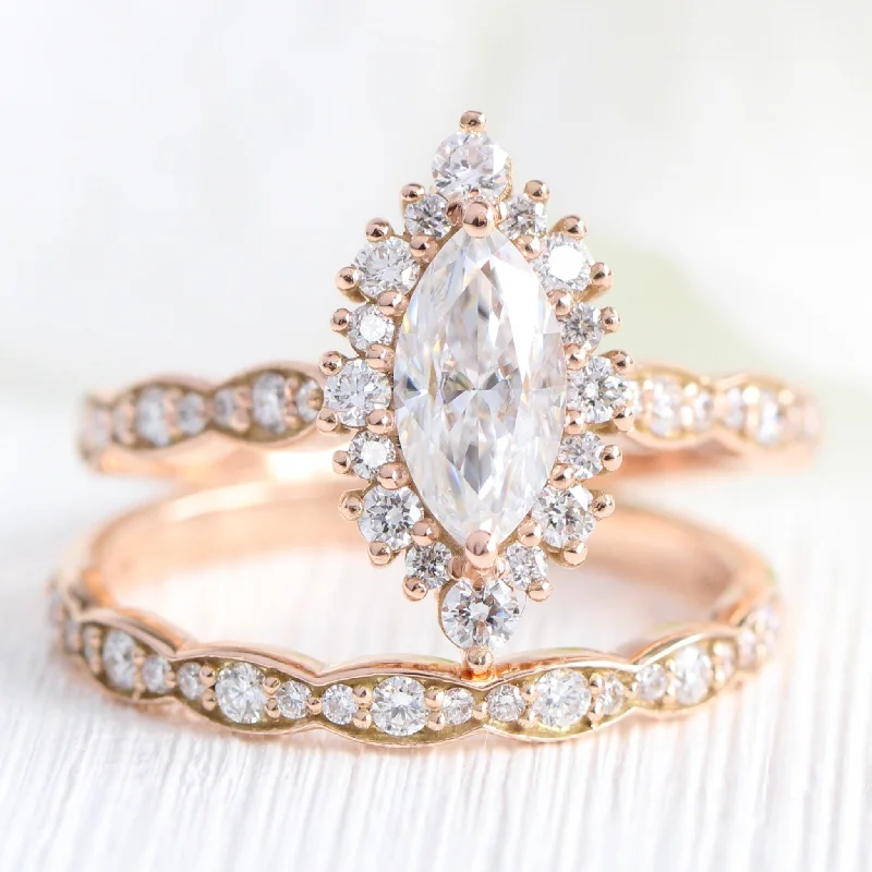 affordable gold engagement rings for women -Tiara Halo Marquise Ring Bridal Set w/ Moissanite and Matching Diamond Band