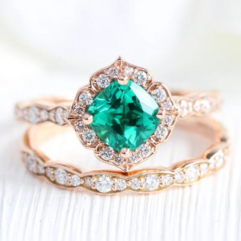 ruby engagement rings for women -Mini Vintage Floral Bridal Ring Set w/ Emerald and Diamond in Scalloped Diamond Band