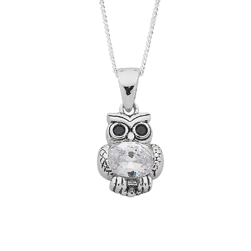 gemstone pendant necklaces for women -Sterling Silver Cubic Zirconia Owl Pendant Curb Necklace