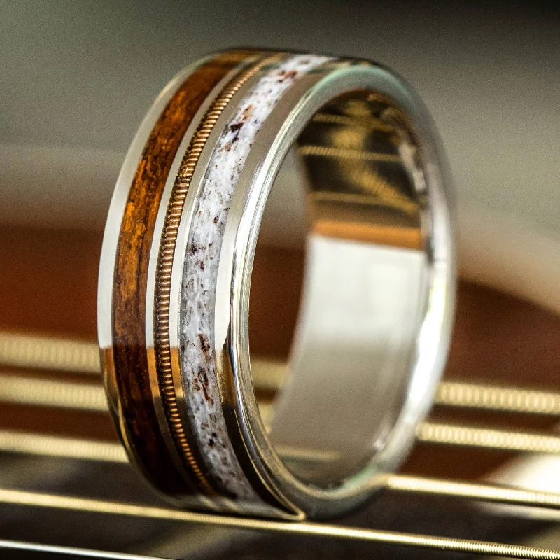 gemstone ring engagement sets -The Pioneer | Men's Gold Wedding Band with Guitar String, Elk Antler & USS North Carolina Battleship Teak Wood