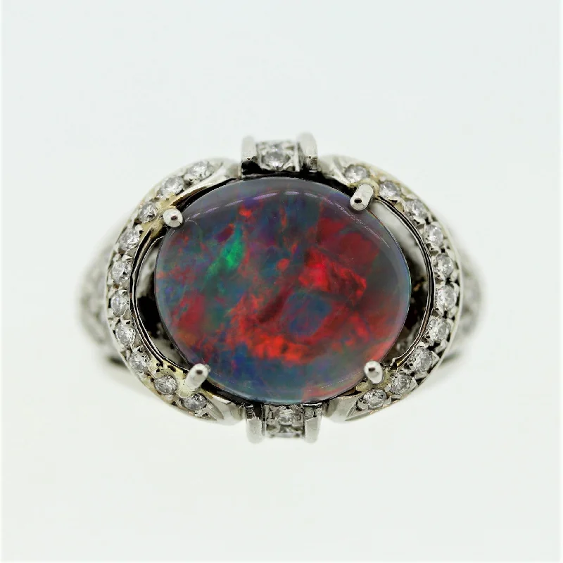 gemstone ring engagement sets -Australian Black Opal Diamond Platinum Ring