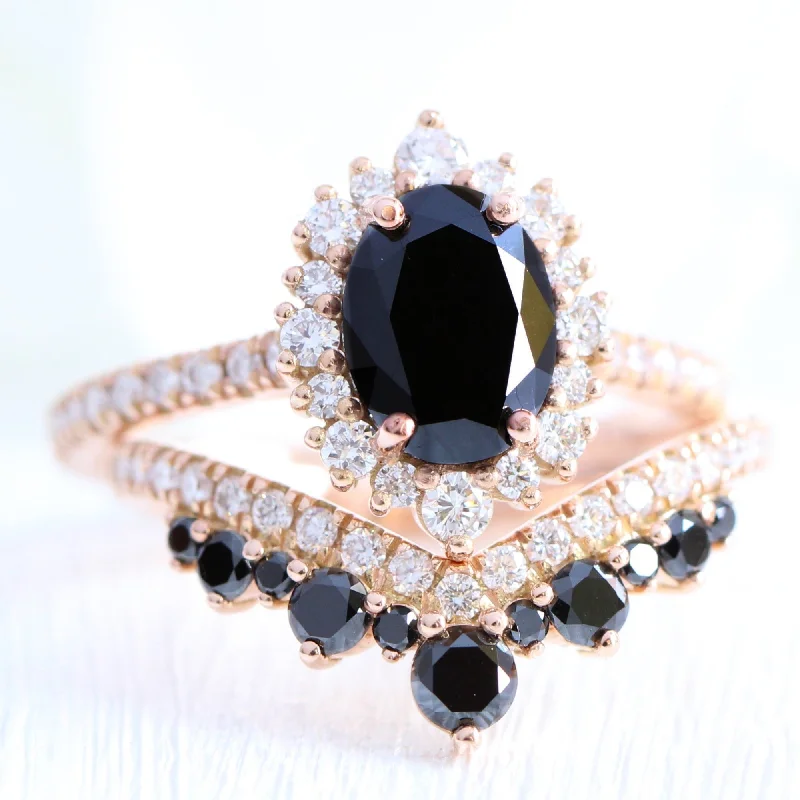 engagement ring and wedding band sets -Tiara Halo Oval Black Diamond Pave Ring w/ Large Tiara Diamond Wedding Band