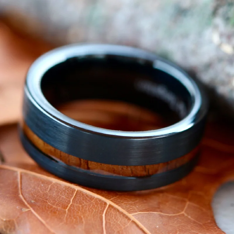 vintage diamond engagement rings for women -Black Tungsten Brown Koa Wood Ring - Unisex Engagement Wedding Band