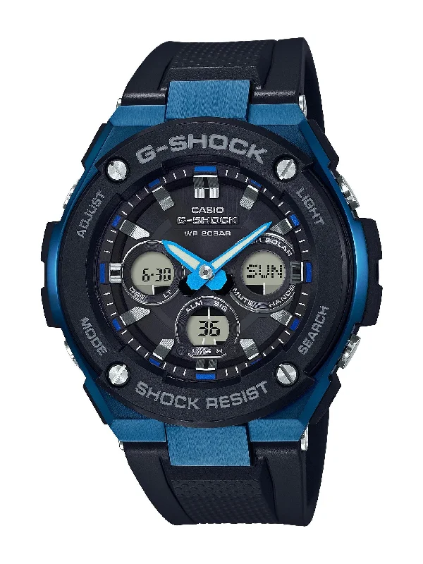 CASIO G SHOCK BLACK AND BLUE FACE CASE BLACK SILICON BAND GSTS300G-1A2