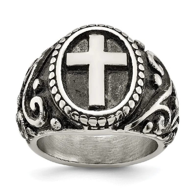 bohemian necklaces for women -Men's 20mm Stainless Steel Antiqued Ornate Cross Tapered Ring