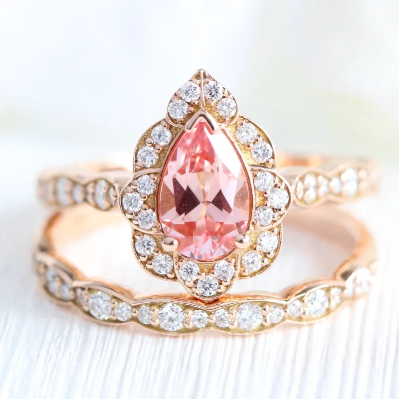 classic platinum engagement rings -Vintage Floral Pear Peach Sapphire Ring Set w/ Matching Scalloped Diamond Wedding Band