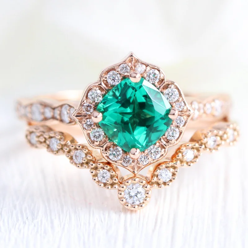 platinum engagement rings for women -Mini Vintage Floral Ring Bridal Set w/ Cushion Emerald and Curved Diamond Band