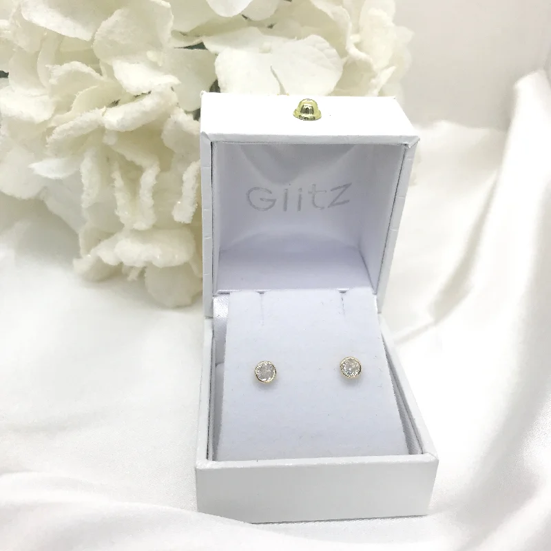 wedding earrings for women -14k Yellow Gold Bezel Set CZ Screw back Earrings