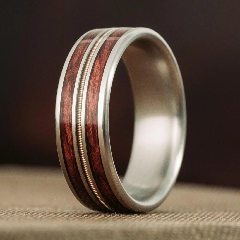 timeless engagement rings for women -The Lucy | Men's Titanium Guitar String Wedding Band with Bloodwood