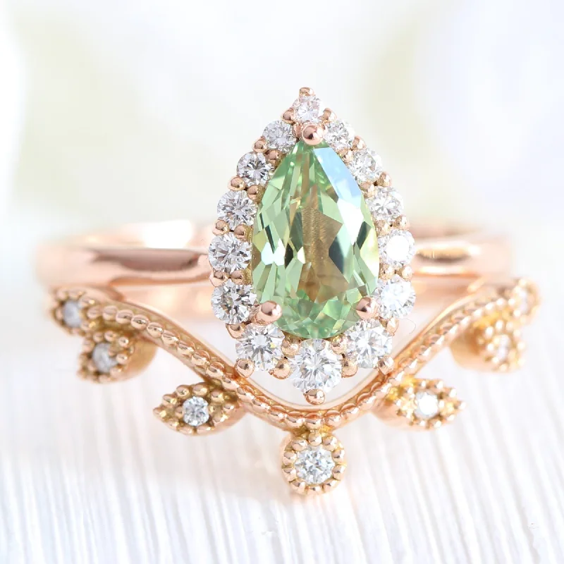 wedding engagement rings for women -Tiara Halo Pear Ring Bridal Set w/ Green Sapphire and Curved Leaf Diamond Band